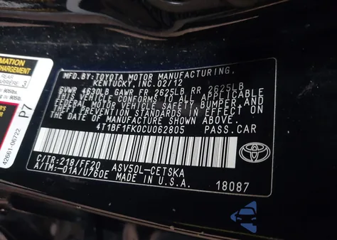 2012 Toyota Camry Se from USA, damaged, VIN 4T1BF1FK0CU062805